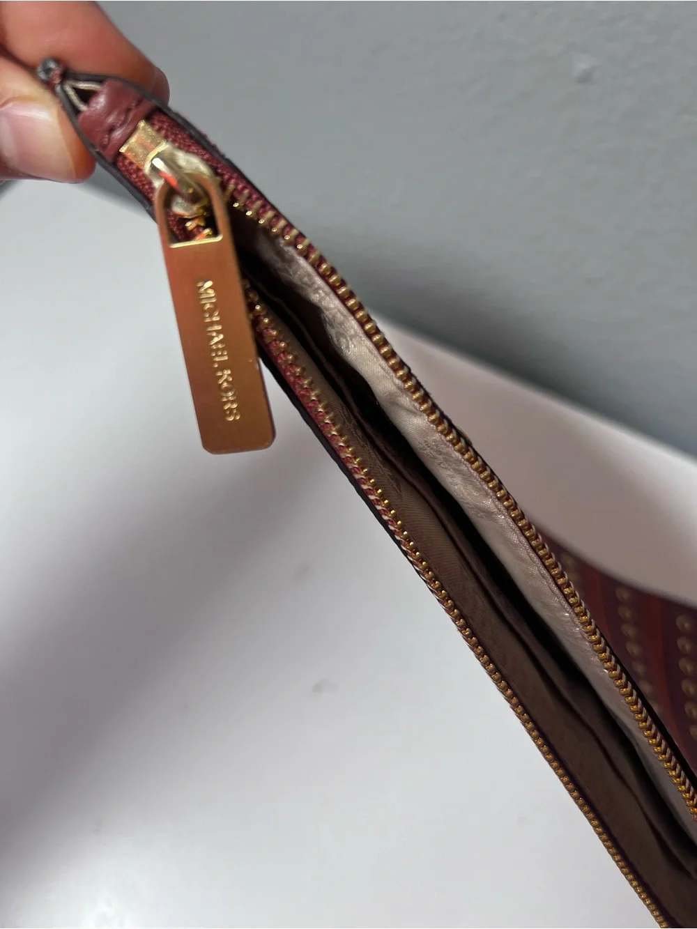 Michael Kors Brooklyn Grommet Medium Phone Wristlet in Leather Brown Brick